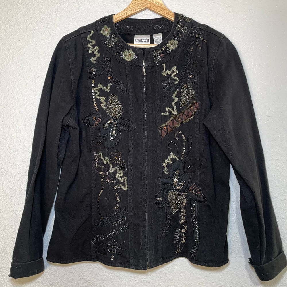 Women’s Black Jacket Beaded Embroidered Vintage Y2K Chicos Size 1